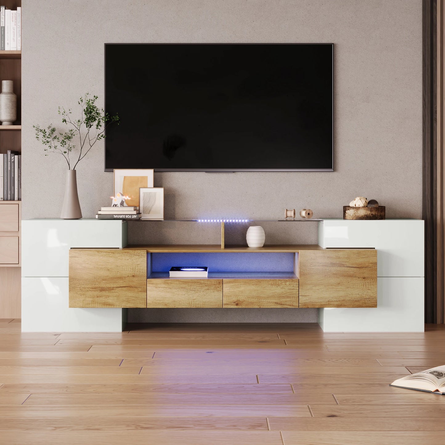 TV-Meubel – Tv-Kast – Meubelkast – Woonkamermeubel – Hoogglans Wit – 200 cm Breed – LED-Verlichting