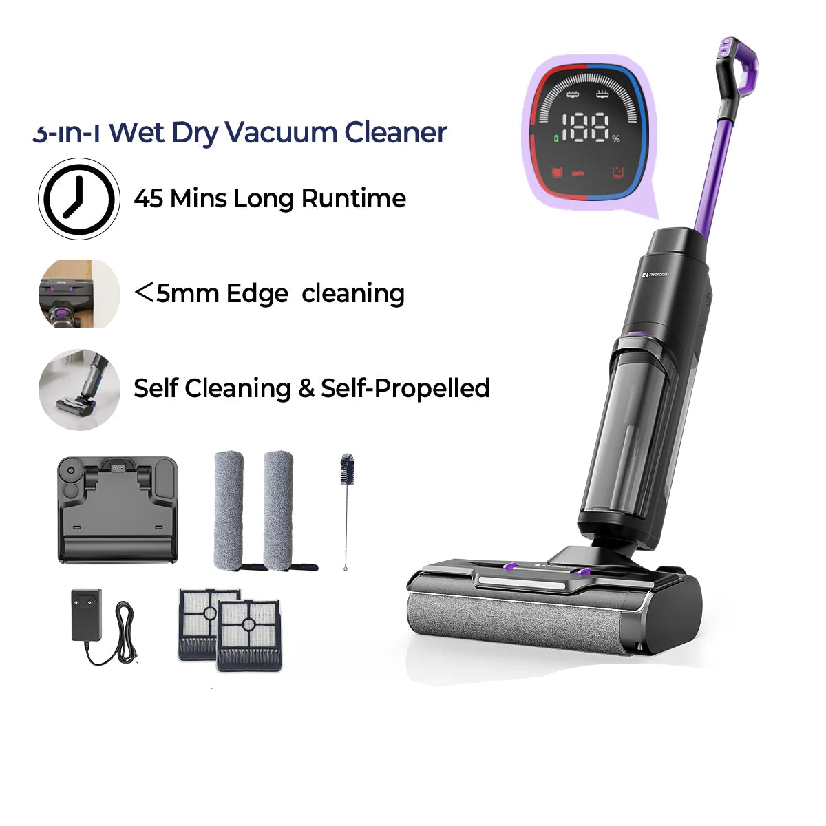 Draadloze Nat & Droog Stofzuiger – 3-In-1 Schoonmaakmachine – Stofzuiger Mop Reiniger – Zelfreinigend Systeem – 45 Min Batterijduur – Rand- En Hoekreiniging