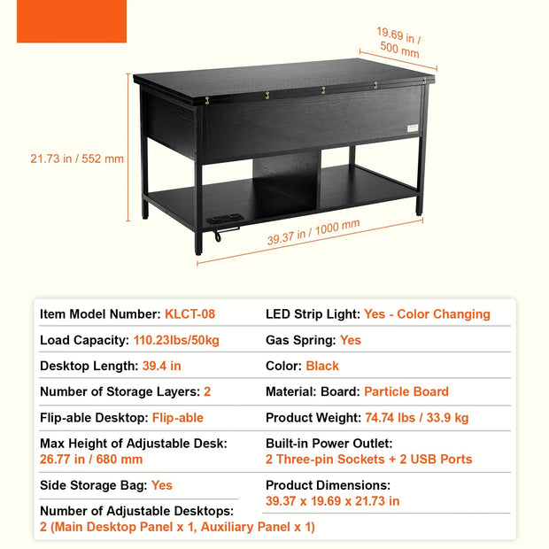 Koffietafel - Table - Coffe table - Living Room Table - Lift Top salontafel - tafel met extra opbergruimte - omklapbare salontafel voor de woonkamer - 39.4in - Zwart - 74.74lbs