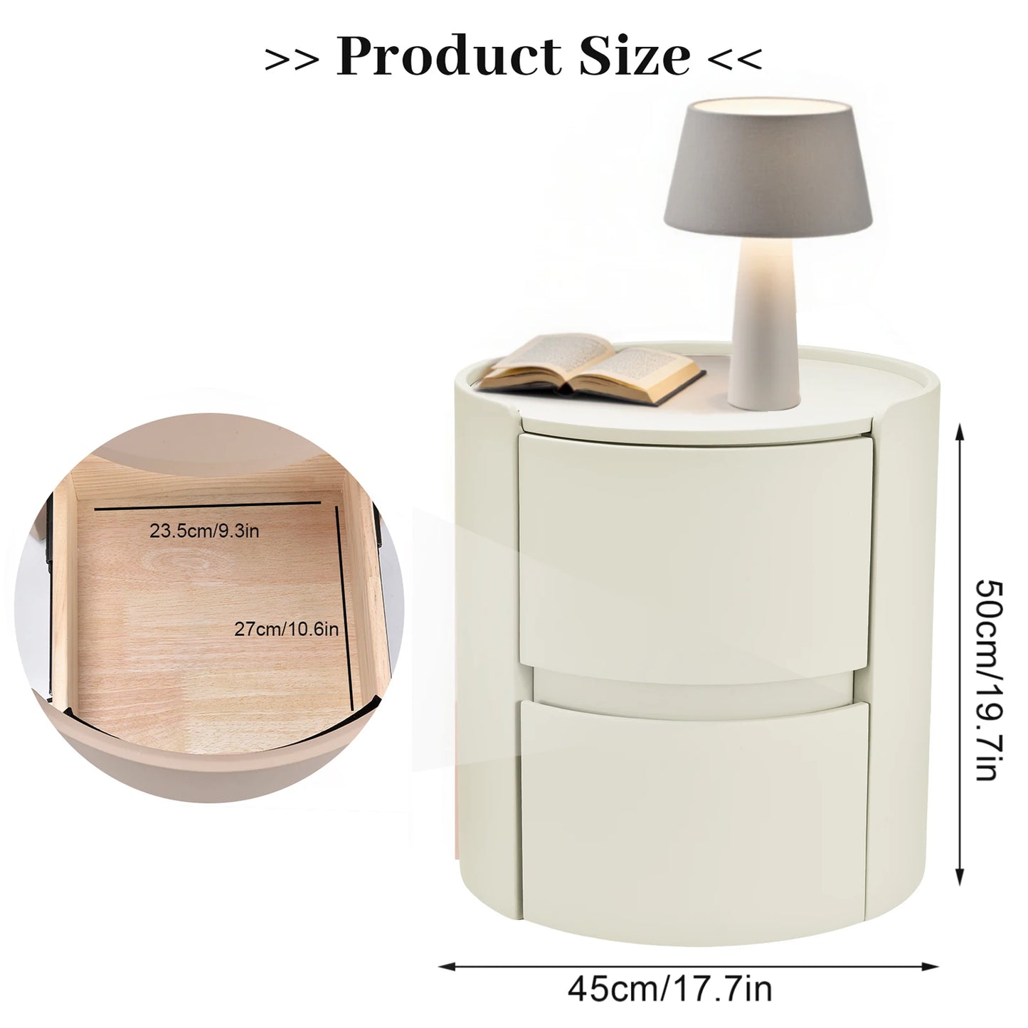Rond Nachtkastje – Bijzettafel – Avondkastje – Opbergkast – Nachtmeubel – Wit – Massief Hout – 2 Lades – Lederachtig Tafelblad – Compact Design 45x45x50 cm