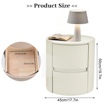 Rond Nachtkastje – Bijzettafel – Avondkastje – Opbergkast – Nachtmeubel – Wit – Massief Hout – 2 Lades – Lederachtig Tafelblad – Compact Design 45x45x50 cm