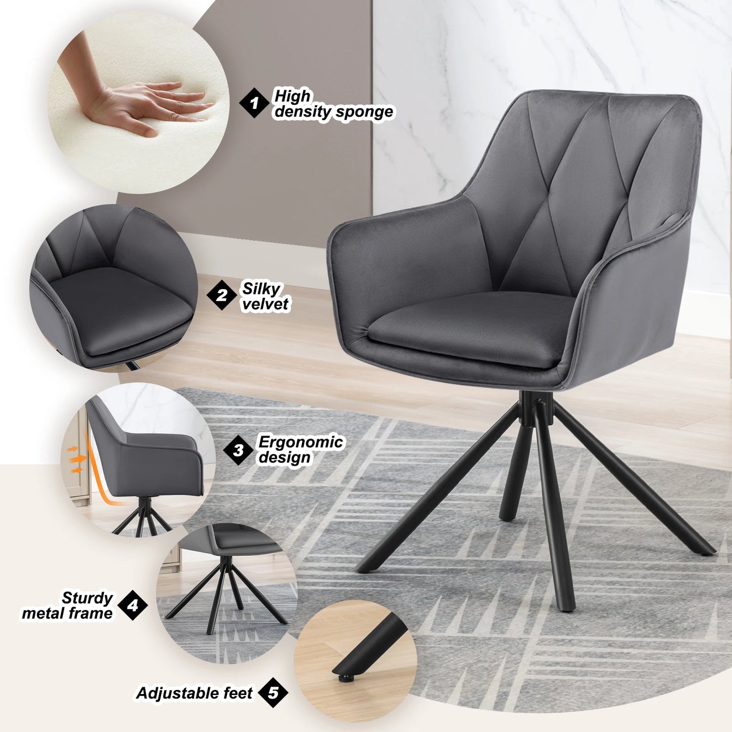 Eetkamerstoelen - Eetstoelen - Keukenstoelen - 2 Stuks - Ergonomische Scandinavische Stijl - met Rugleuning - Voor Keuken - Eetgedeelte - Fluwelen Zitje - Metalen Draaibare Poten - 57.5 x 85.5 x 58.5 cm - Donkergrijs
