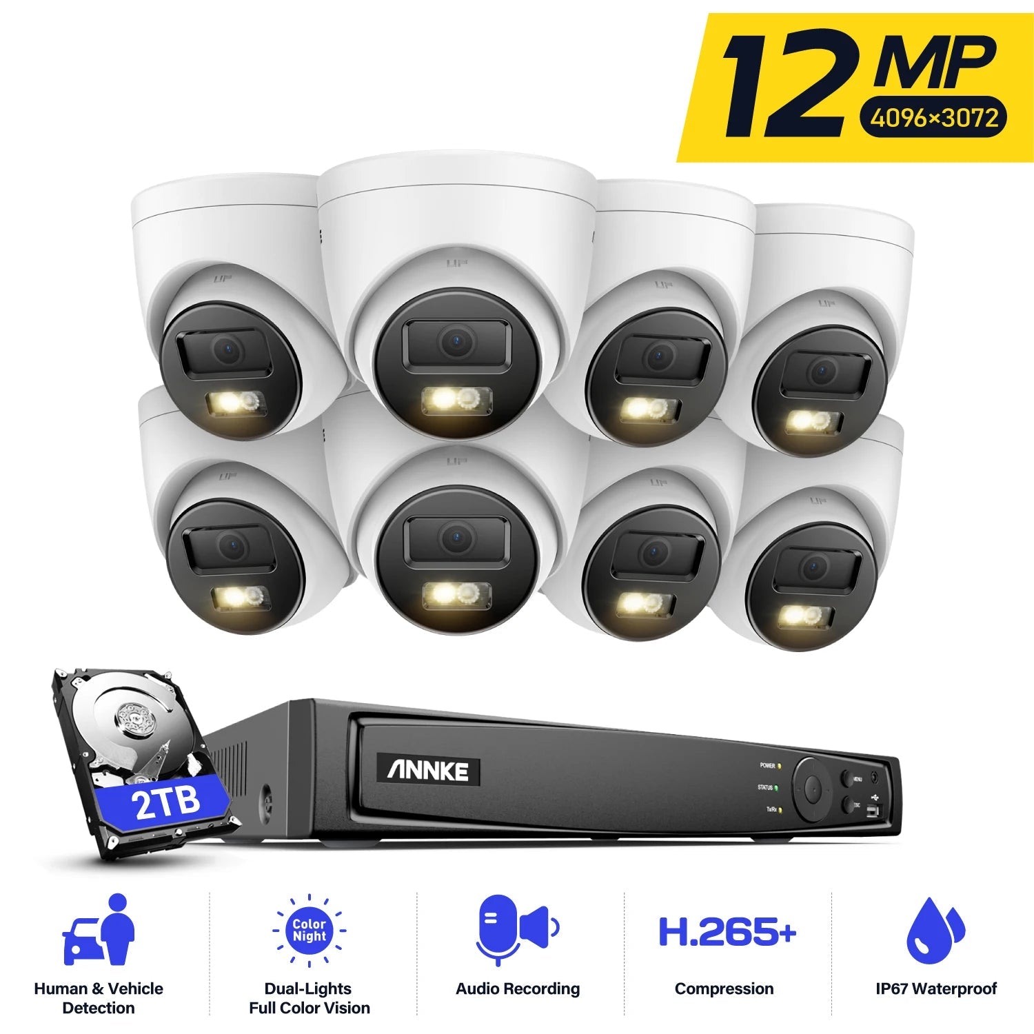 Beveiligingssysteem – Bewakingscamera – CCTV Systeem – Cameraset – Beveiligingscamera – 8-Kanaals NVR Met 1TB HDD – 12MP Dual Light Nachtzicht - QUORE