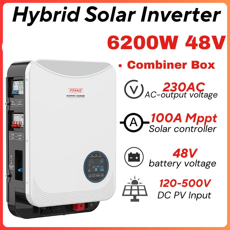 Hybride Zonnestroomomvormer – Zonne-omvormer – Solar Inverter – Off-Grid Omvormer – Batterijloze Omvormer – 6,2 kW 48V Variant – 100A MPPT Laadregelaar – Pure Sinusgolfuitgang