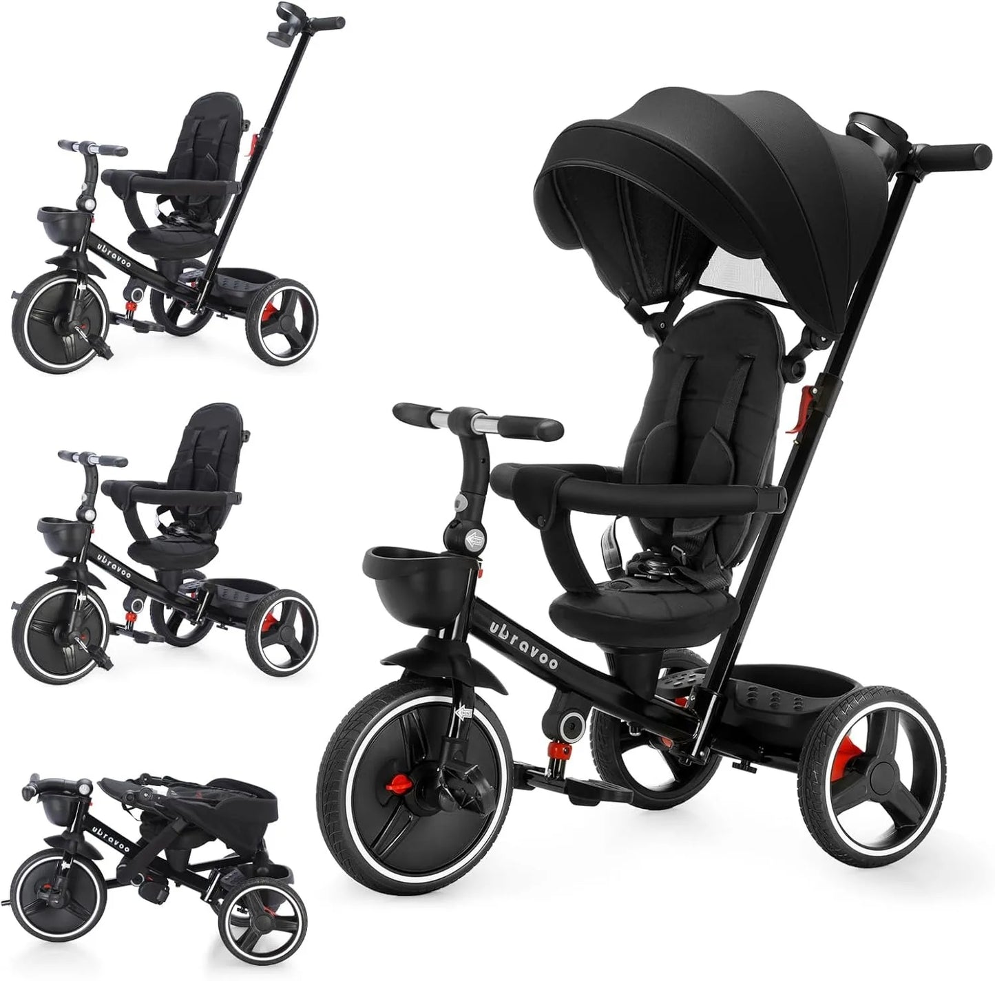 6-in-1 Baby Driewieler - met Duwstang - Driewieler - Kinderen Stuurfiets - Baby Wandelwagen - Verstelbare Zonnekap - Veiligheidsriem - Opvouwbare Pedalen - Verwijderbare Beveiligingsrek