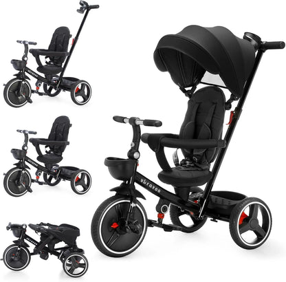 6-in-1 Baby Driewieler - met Duwstang - Driewieler - Kinderen Stuurfiets - Baby Wandelwagen - Verstelbare Zonnekap - Veiligheidsriem - Opvouwbare Pedalen - Verwijderbare Beveiligingsrek