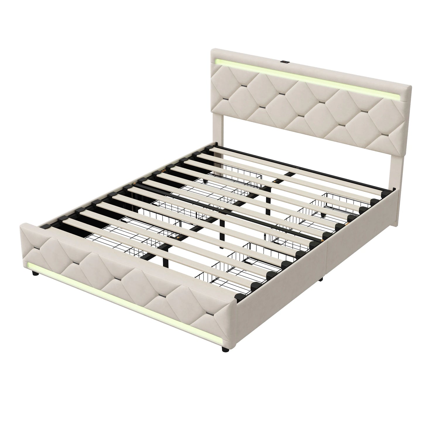 Tweepersoonsbed – Bed – Slaapbank – Opbergbed – Fluwelen Bed – 140x190 cm – Hydraulische Opbergruimte – Verstelbare LED-verlichting & USB-poorten