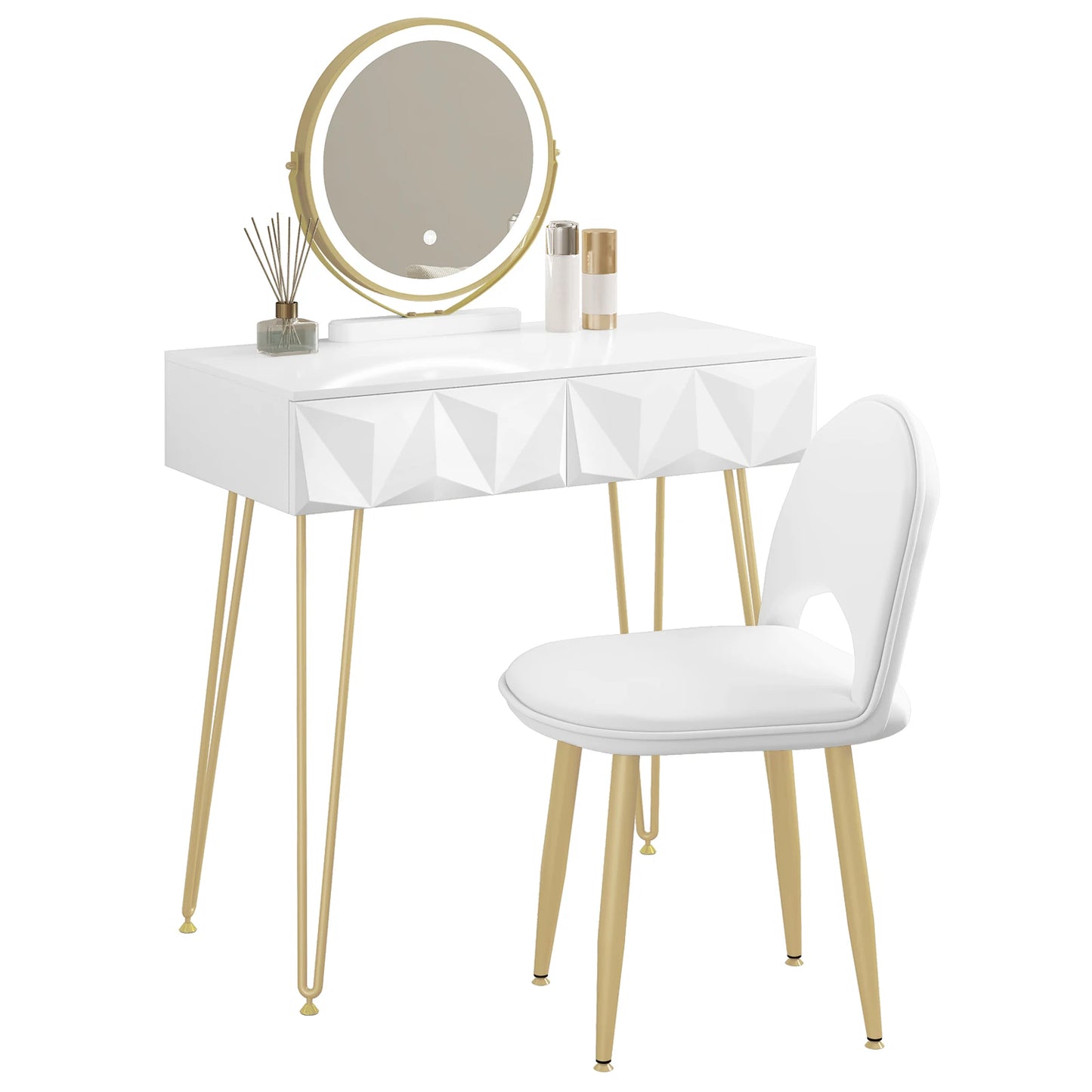 Make-up Tafel – Kaptafel – Vanity Table – Dressoir – Make-up Bureau – Wit Goud – LED Spiegel 3 Lichtstanden – Comfortabele Velvet Stoel Met Verstelbare Rugleuning