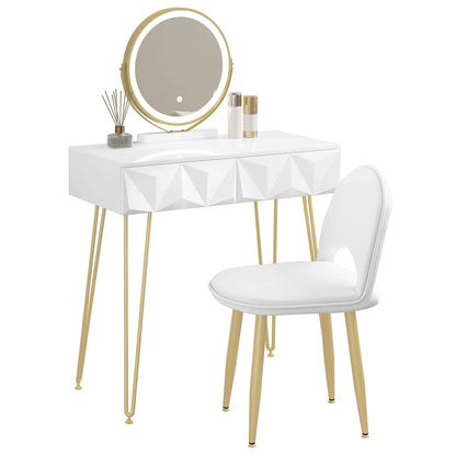 Make-up Tafel – Kaptafel – Vanity Table – Dressoir – Make-up Bureau – Wit Goud – LED Spiegel 3 Lichtstanden – Comfortabele Velvet Stoel Met Verstelbare Rugleuning