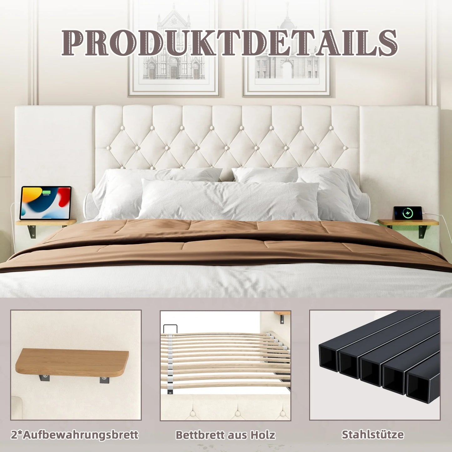 Bedframe – Bed – Tweepersoonsbed – Boxspring – Opbergbed – Met Hydraulisch Opklapsysteem – Ingebouwde LED-Verlichting