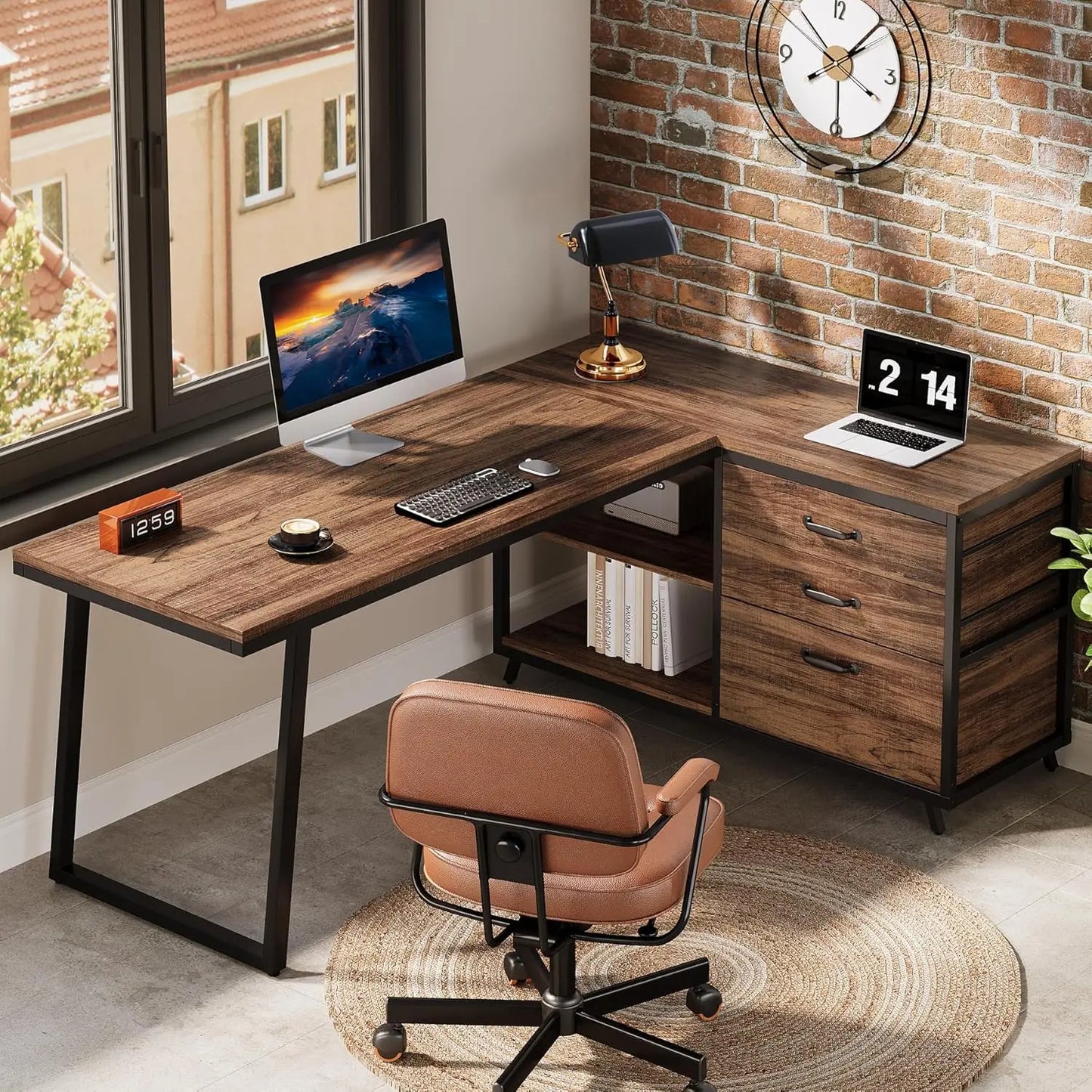 L-Vormig Bureau – Hoekbureau – Werkplek Meubel – Computertafel – Ruimtebesparend Design – Opbergruimte Met Laden - 135 x 100 x 75 cm - Bruin