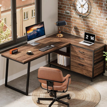 L-Vormig Bureau – Hoekbureau – Werkplek Meubel – Computertafel – Ruimtebesparend Design – Opbergruimte Met Laden - 135 x 100 x 75 cm - Bruin