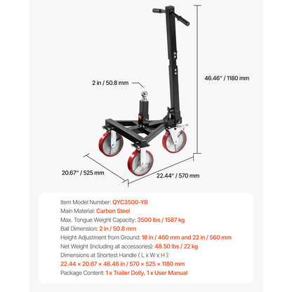 Trailer Dolly – Aanhanger Verplaatswagen – Trailer Versteller – Boot Dolly – Hoge Draagkracht Tot 1587 Kg – Verstelbare Hoogte 18/22 Inch