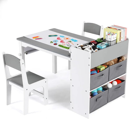 Kindertafel – Kinderbureau – Speeltafel – Knutseltafel – Tafel Met Stoelen – Inclusief Papierrolhouder – Duurzaam MDF-hout - Grijs - QUORE