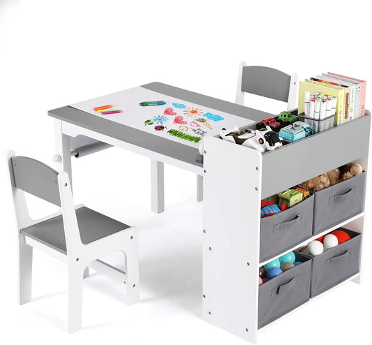 Kindertafel – Kinderbureau – Speeltafel – Knutseltafel – Tafel Met Stoelen – Inclusief Papierrolhouder – Duurzaam MDF-hout - Grijs - QUORE