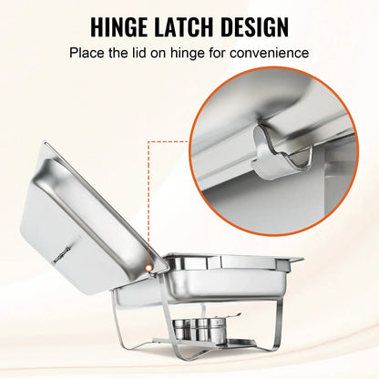 Chafing Dish - Warmhoudplaat - Buffetwarmer Set - Rechaud -  Rechthoekige RVS Warmhoudschalen - 6 Stuks - 8QT - met Opvouwbaar Onderstel en Brandstofhouders - Zilver