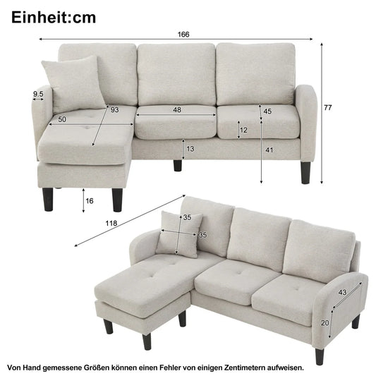 L-Vormige Bank – Hoekbank – Sofa – 3-Zitsbank – Loungebank – Modulaire Opbouw – Ademend Katoen-Linnen Stof – Relaxfunctie – Compact 166x118x77 CM
