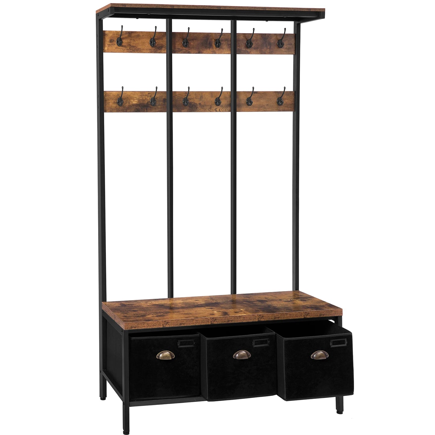 Kapstok – Opbergbank – Schoenkast – Halmeubel – Industrieel Design – 12 Haken – Houten Plank 100 Kg