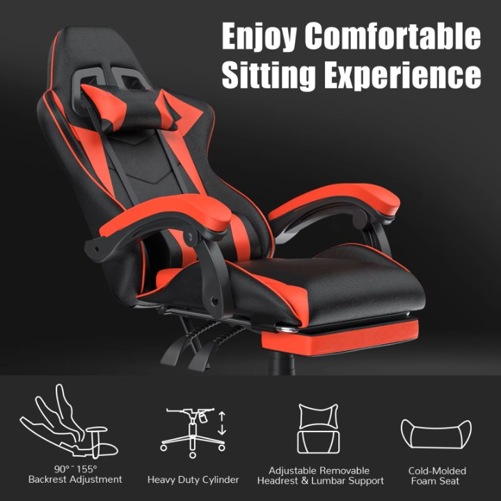 Gaming Stoel - Bureaustoel - Swivel Stoel - met Voetsteun - Hoofdsteun - Verstelbare - Rugleuning - Lendenkussen - Ergonomische - Draaibare - 68 x 50 x 122-144 cm - Rood
