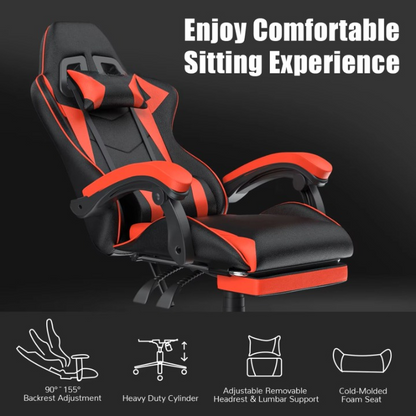 Gaming Stoel - Bureaustoel - Swivel Stoel - met Voetsteun - Hoofdsteun - Verstelbare - Rugleuning - Lendenkussen - Ergonomische - Draaibare - 68 x 50 x 122-144 cm - Rood