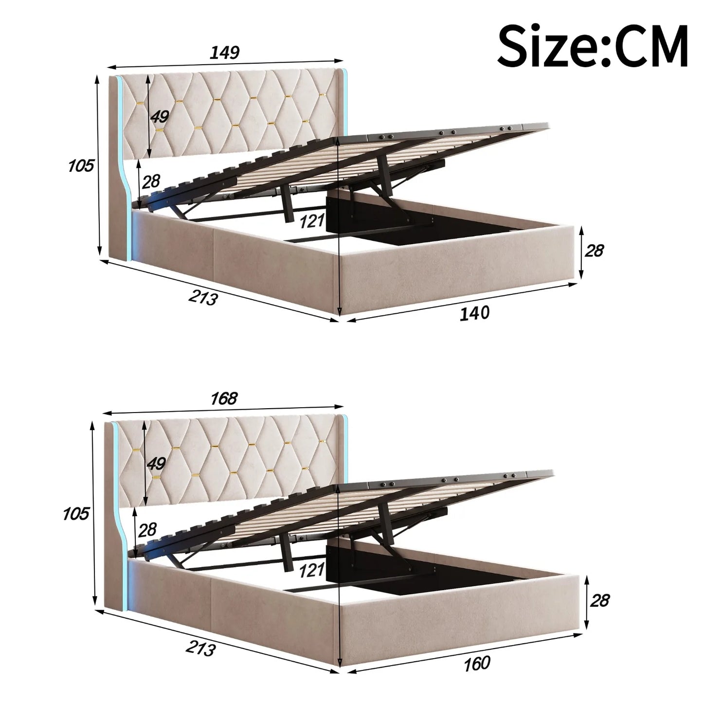 Comanlai 140x200cm/160x200cm Hydraulic Storage Bed,Upholstered Bed with Headboard,Headboard with LED Lights,Double Bed,Flannel