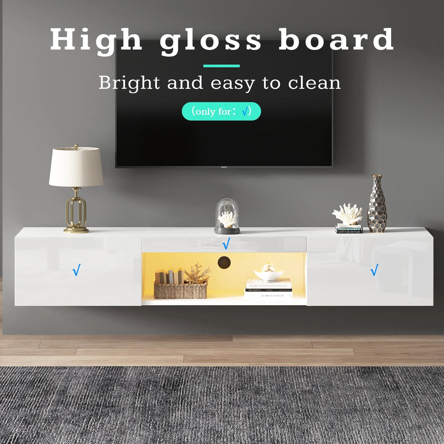 Wandmeubel – Tv Meubel – Hangend Kastje – Hoogglans Kast – Wit Wandkast – Geschikt Voor 70 Inch Tv – Draaggewicht 30 Kg – LED Verlichting Met Bluetooth App - QUORE