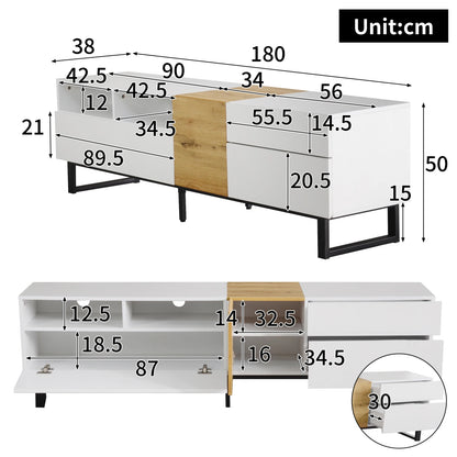 TV-meubel – TV-kast – Tv-meubel – Tv-kast – Woonkamermeubel – Wit met houtkleur – Multifunctioneel met 2 lades – Afmetingen 180x38x50 cm