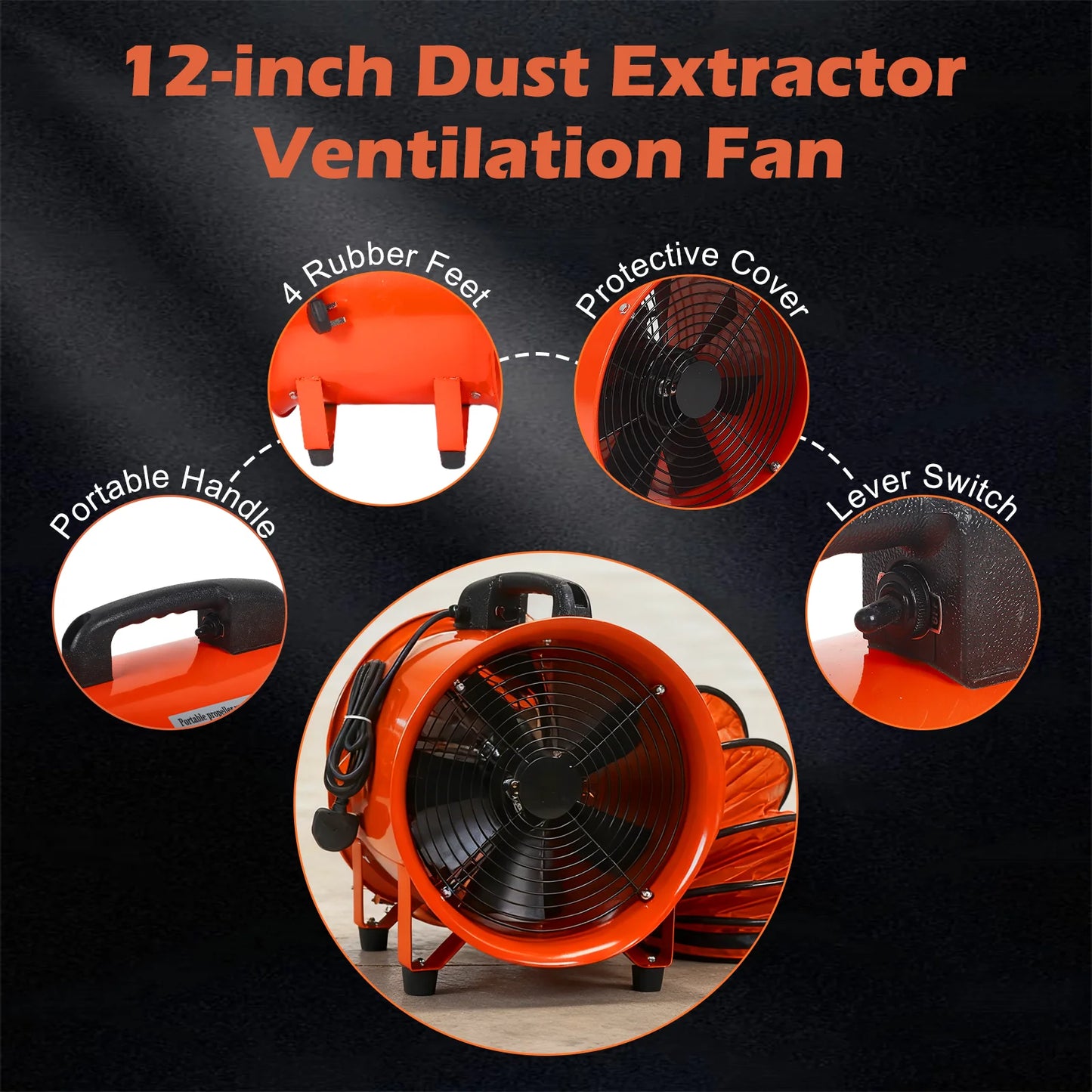 Afzuigventilator – Buisventilator – Kanaalventilator – Wandventilator – Industriële Ventilator – 12 Inch Ø30 cm – 380W Motor en 5 Meter PVC Luchtslang