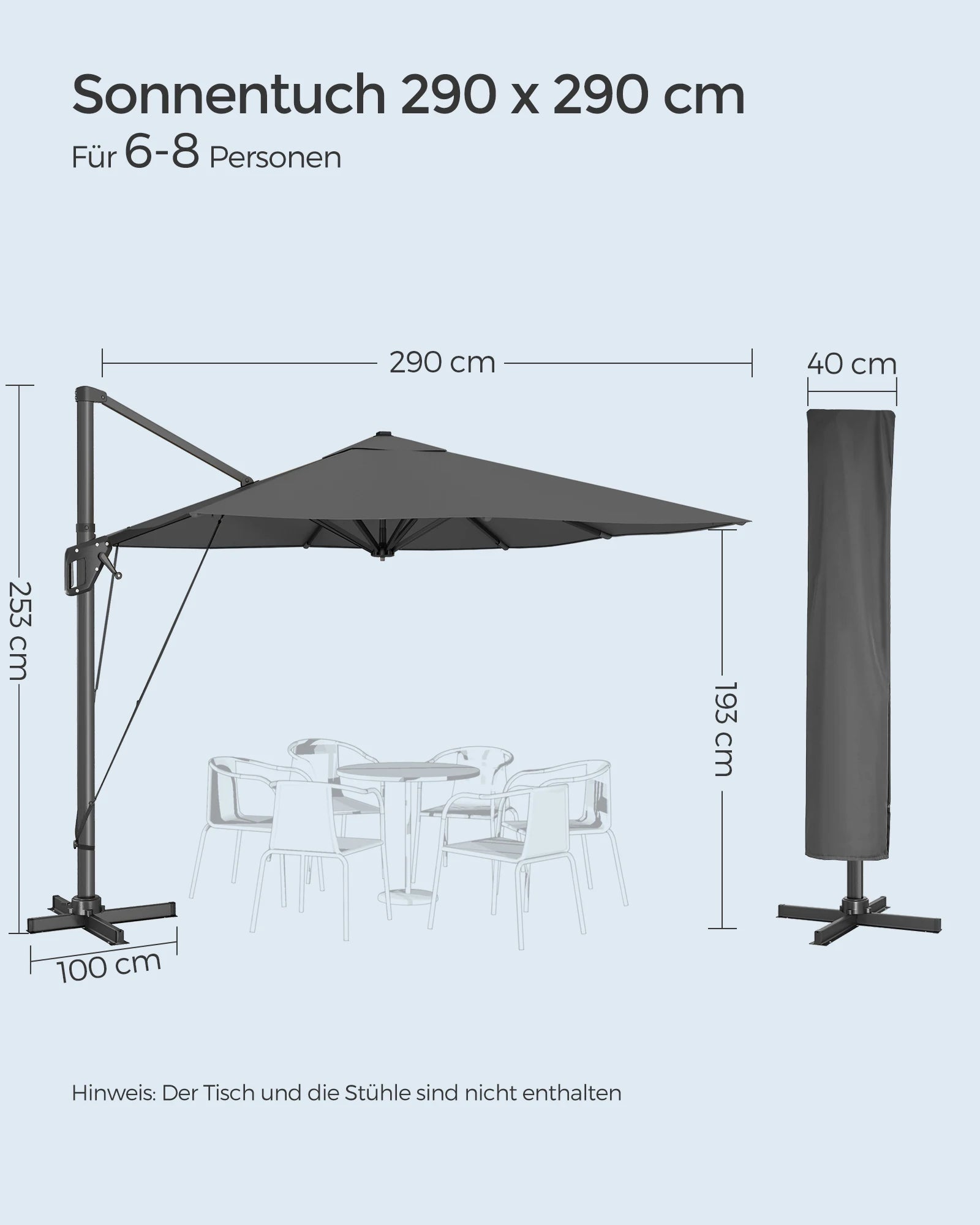 Parasol – Tuinparasol – Terrasparasol – Zonneparasol – Rond – 290x290 Cm – 360° Draaibaar - Rookgrijs - QUORE