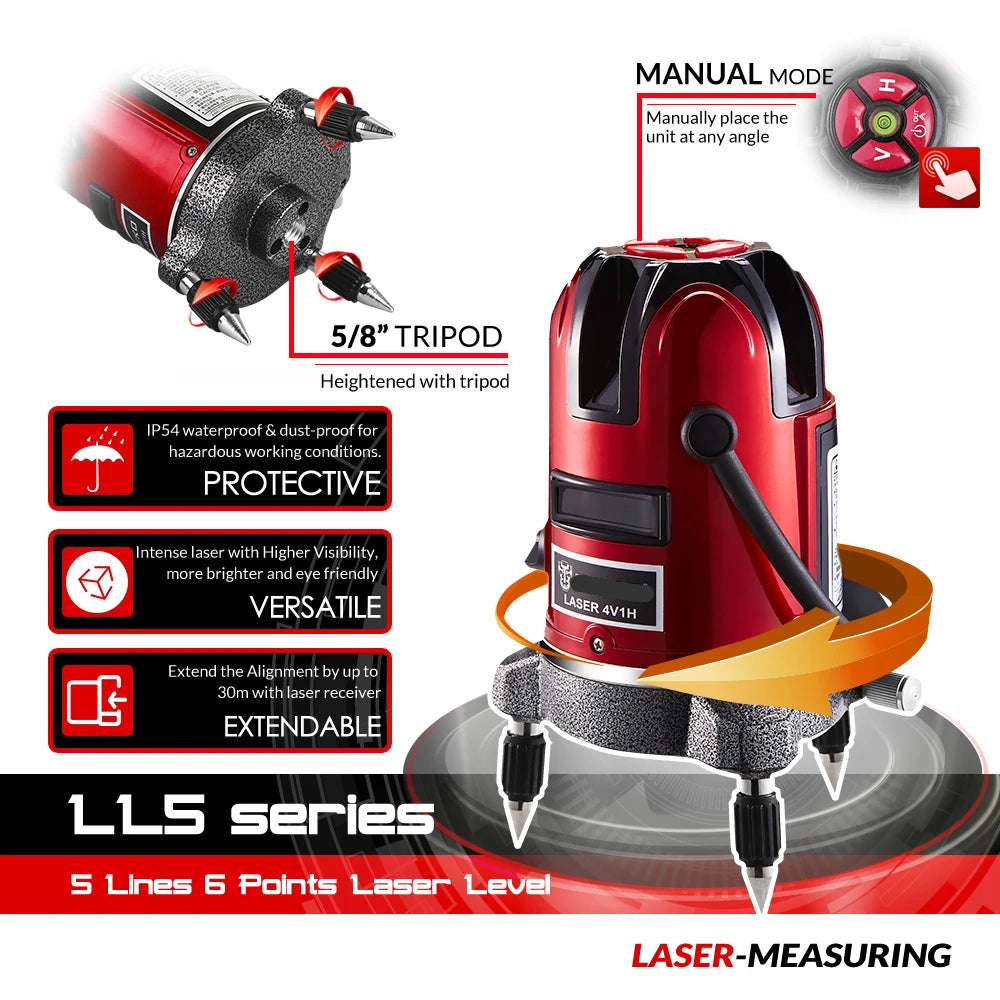 Laser Level - Self-leveling - 5-line - 6-point - Red laser level - Self-leveling - Higher visibility, accurate - Horizontal and vertical adjustment - Without tripod - Red