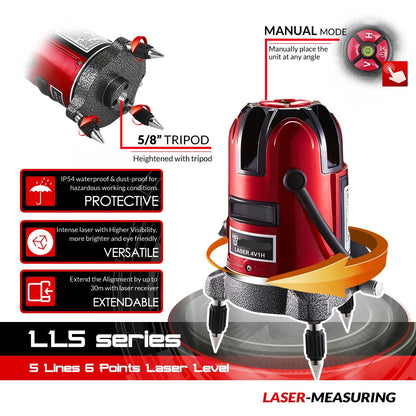 Laser Level - Self-leveling - 5-line - 6-point - Red laser level - Self-leveling - Higher visibility, accurate - Horizontal and vertical adjustment - Without tripod - Red