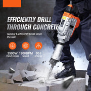 Demolition hammer - Electric breaker - Concrete breaker - With high impact force for demolition work - 1700W - 60J - Silver orange
