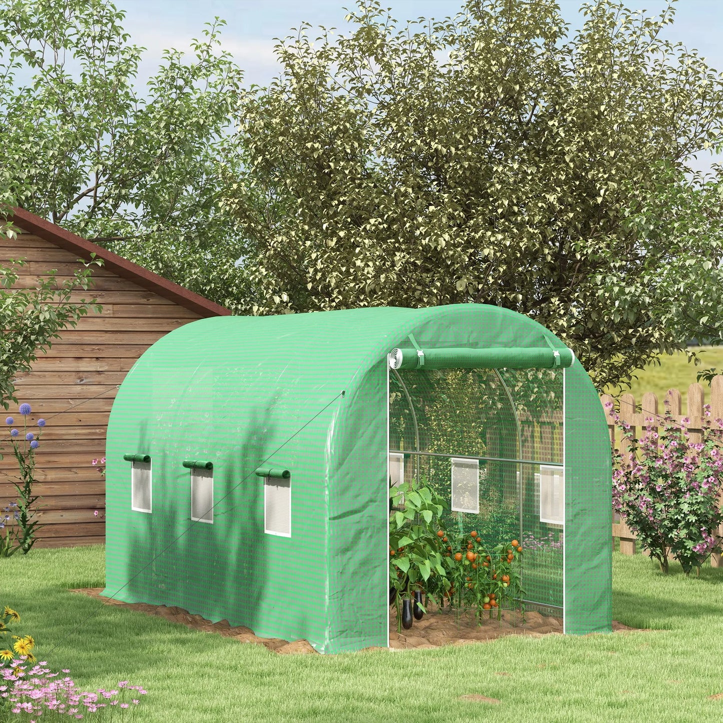 Tunnelkas – Kweekkas – Broeikas – Serre – Groentekas – Groen – Met Rolluikdeur en 8 Ramen – Stevig Metalen Frame en UV-bestendige PE Hoezen 140 g/m² - QUORE