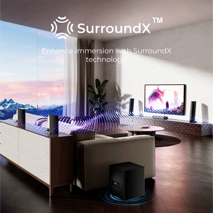 Soundbar - 7.1ch - Soundbar voor TV - Afneembare Soundbar - met 2 Surround-Luidsprekers - Subwoofer - RGB - APP-bediening - 102dB - 45Hz-20KHz - Compatibel met AUX - Optical Input - USB - Bluetooth - HDMI - Zwart