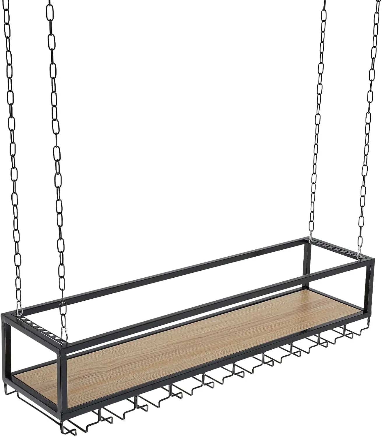 Hangend Wijnrek – Plafond Wijnrek – Wijnhouder – Wijnrek Met Glazenhouder – Drijvend Wijnrek – Mat Zwart – Industrieel IJzer – Verstelbare Ophangkettingen