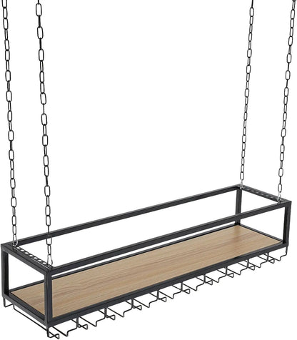 Hangend Wijnrek – Plafond Wijnrek – Wijnhouder – Wijnrek Met Glazenhouder – Drijvend Wijnrek – Mat Zwart – Industrieel IJzer – Verstelbare Ophangkettingen