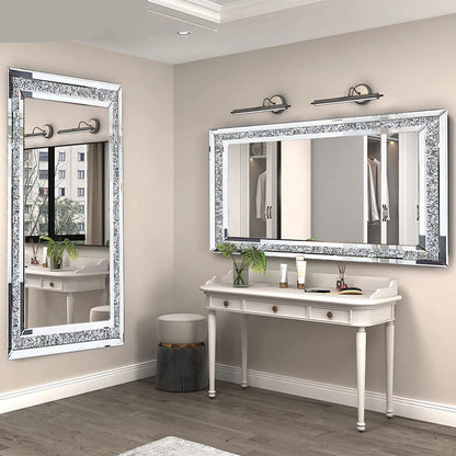 Grote Zilveren Wandspiegel – Wandspiegel – Muurspiegel – Decoratieve Spiegel – Glamoureuze Spiegel – 120x60 cm – Kristalachtige Accent Steentjes – Hoogwaardig Glas & MDF