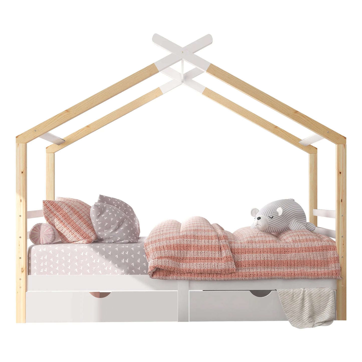 Kinderbed Huisjesvorm – Kinderbedje – Bedhuis – Speelbed – Houten Bed – Wit – 90x200 cm – Stevig Grenenhout – Met Opbergladen en Lattenbodem