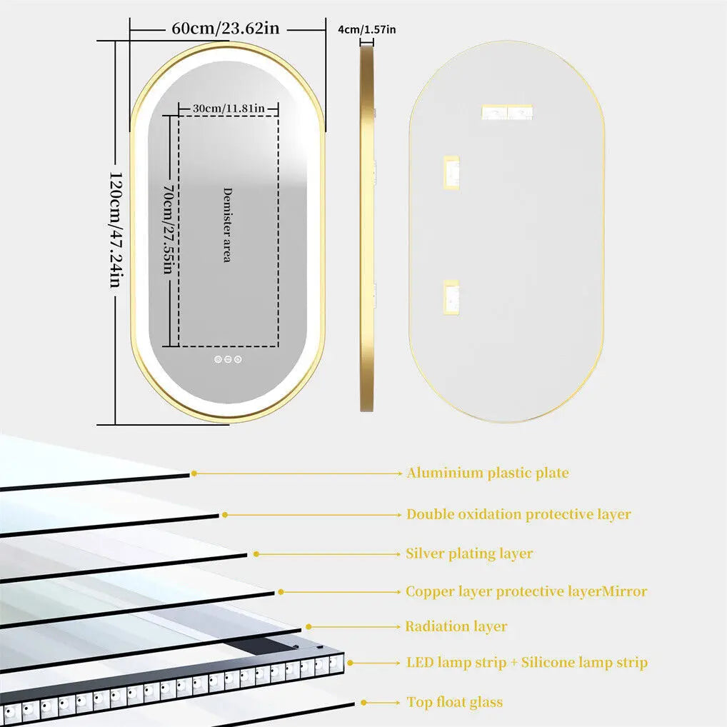 Badkamerspiegel – LED Spiegel – Ovale Spiegel – Gouden Spiegel – Anti-condens – Verstelbare Verlichting – Hoogwaardig Aluminium - 1200X600MM