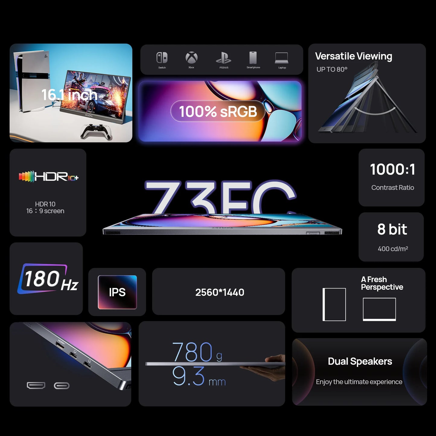 Draagbare Monitor – Extra Scherm – Tweede Beeldscherm – Portable Display – Gaming Monitor – 16,1 Inch QHD – 180Hz Verversingssnelheid