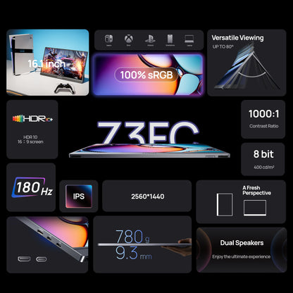 Draagbare Monitor – Extra Scherm – Tweede Beeldscherm – Portable Display – Gaming Monitor – 16,1 Inch QHD – 180Hz Verversingssnelheid