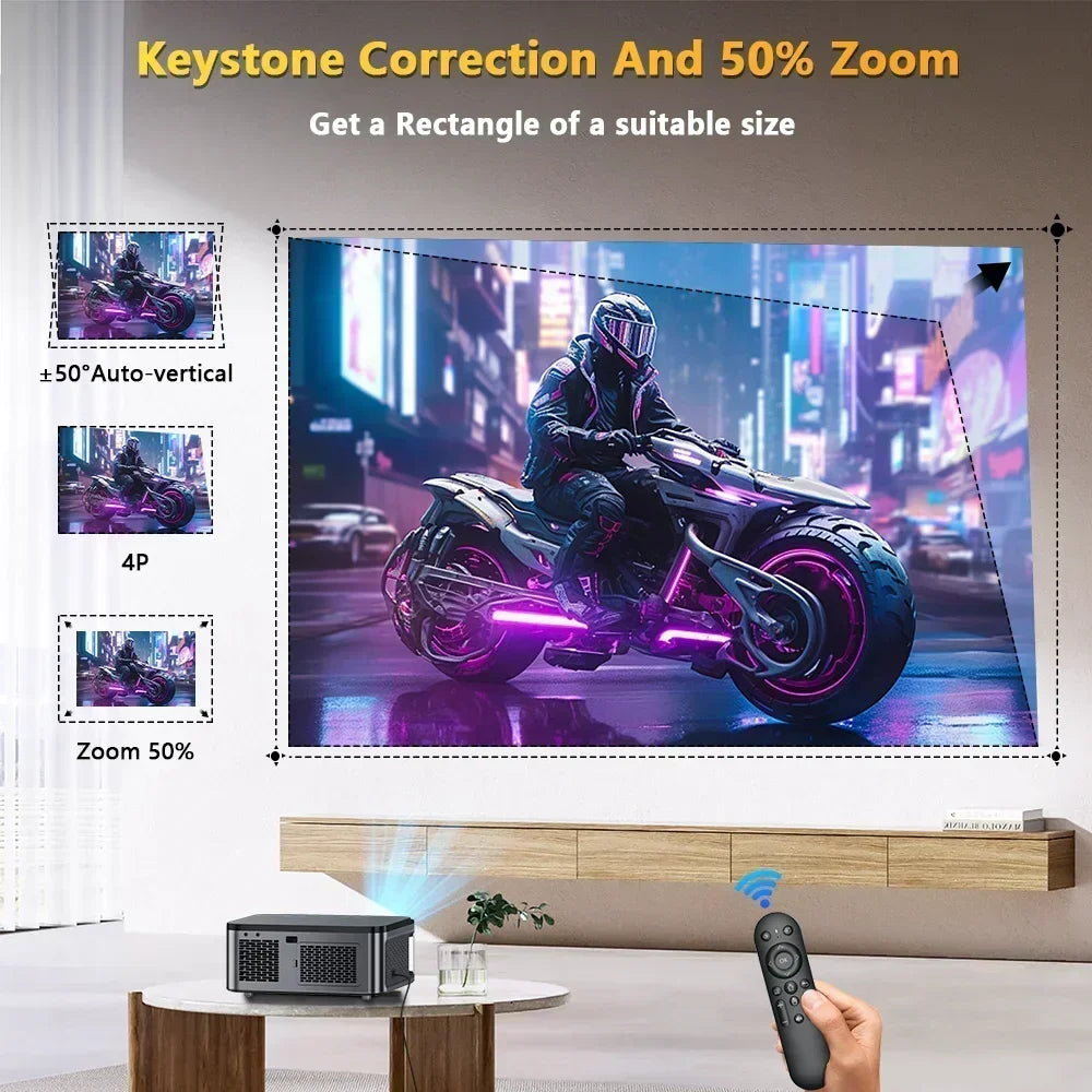 Xiwbsy - Beamer - Projector Beamer - Projector 4k - 1080P -  Automatische focus - met WiFi 6  - 25000 Lumens - Buiten- en thuisprojector - Android 4K - Zwart - QUORE