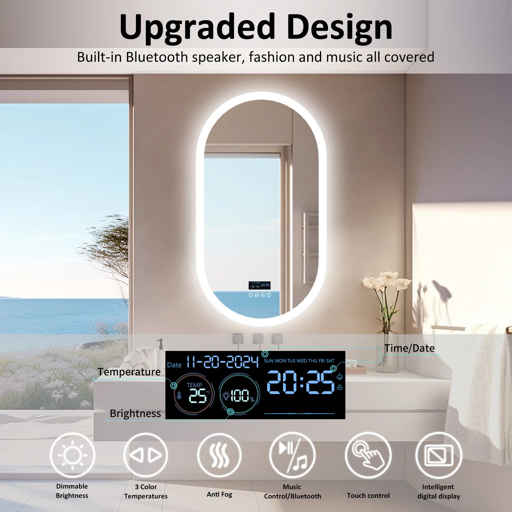 Badkamerspiegel – Bluetooth Spiegel – Verlichte Spiegel – LED Spiegel – Dimbare Verlichting – Bluetooth Speaker – Anti-Fog Systeem - 120x60cm - QUORE