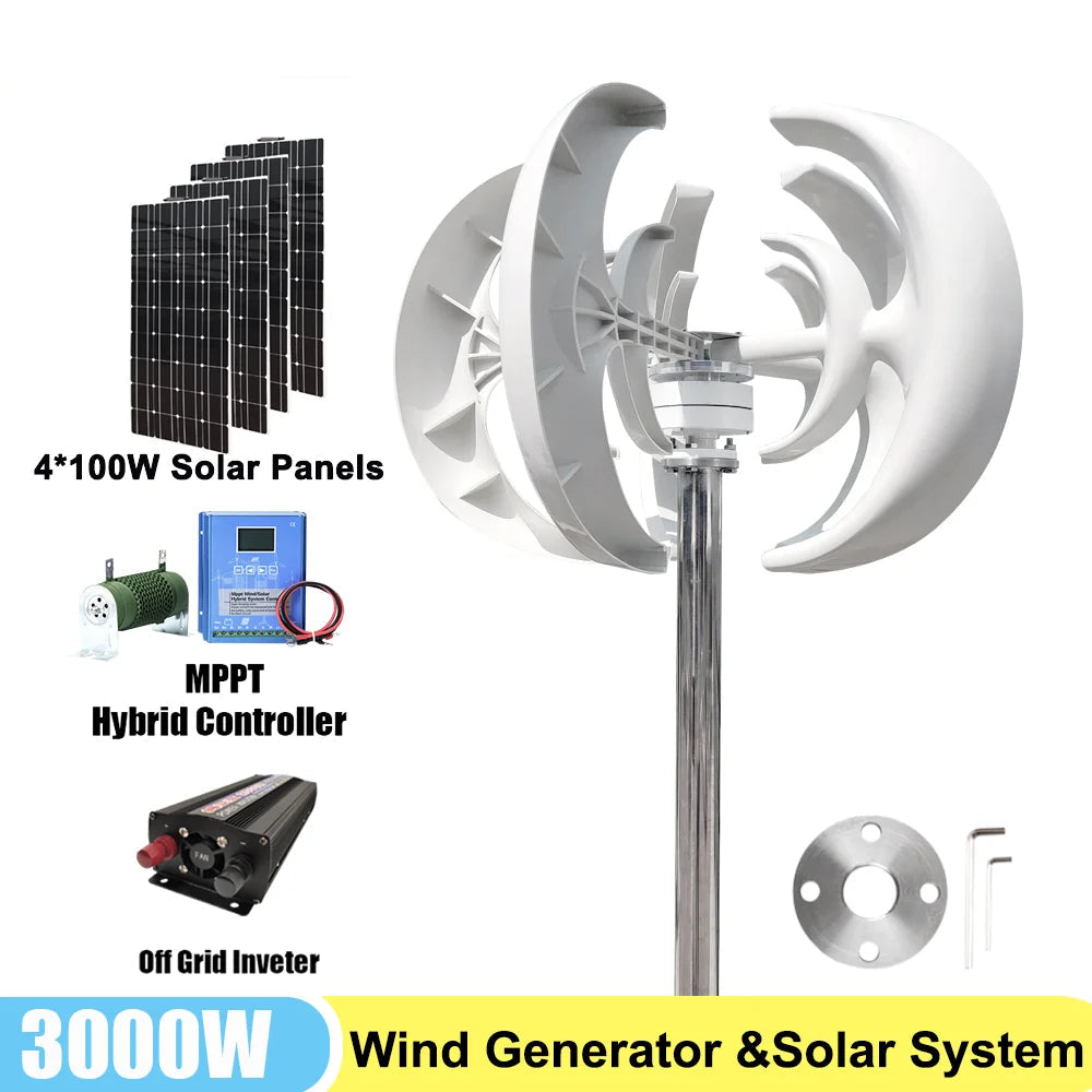 3000W Windturbine Set – Windgenerator – Verticale As Turbine – Zonne-Energie Systeem – Thuis Energieopwekker – 48V Met LiFePO4 Batterij – 220V Zuivere Sinus Inverter