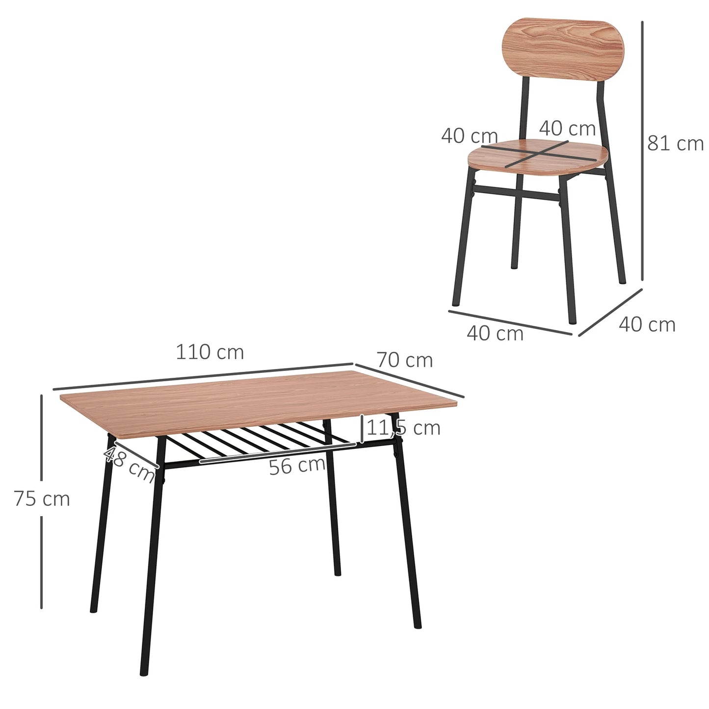 Eettafelset – Eettafel – Tafel Met Stoelen – Eetkamerset – Compacte Set – Metalen Opbergruimte – MDF Tafelblad - 110 x 70 x 75 cm - Teak