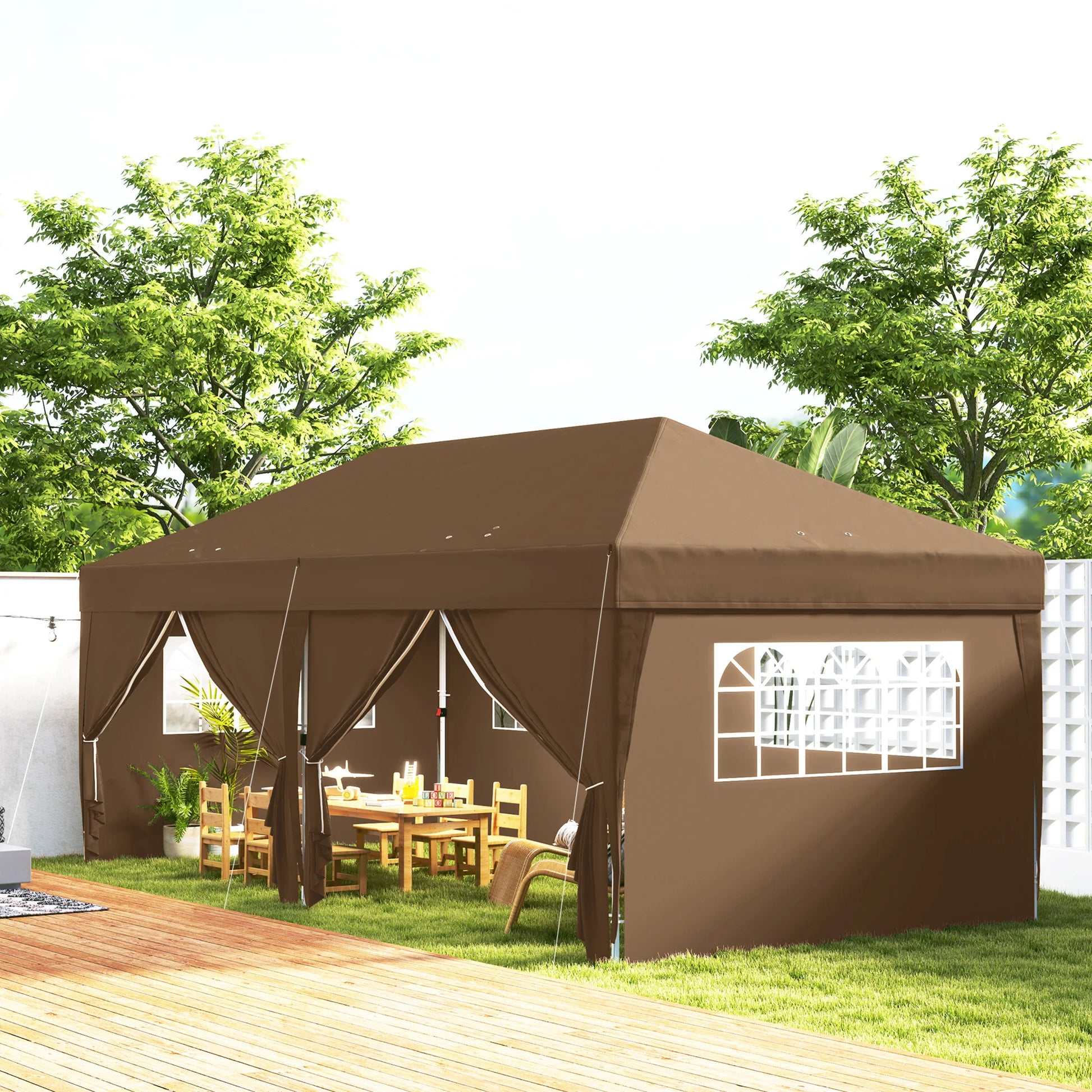 Opvouwbare Tuin Tent – Pop-Up Tent – Buiten Tent – Feest Tent – 6x3 Meter – Waterafstotend Polyester – Verstelbare Hoogte - Bruin - QUORE
