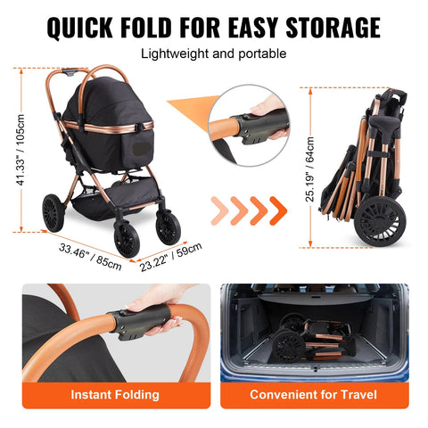 Hondenwagen - Opvouwbaar - Kinderwagen met remmen - Kinderwagen met remmen - Afneembare draagtas voor kleine tot middelgrote honden - Zwart - QUORE