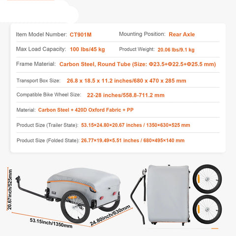 Fietskar - Fietskrat - Fietsaanhanger - Stroller - Fietskar Bagage  - 100lbs - met Waterdichte Hoes & Veilige Reflectoren - Past op 22“-28” Fietswiel