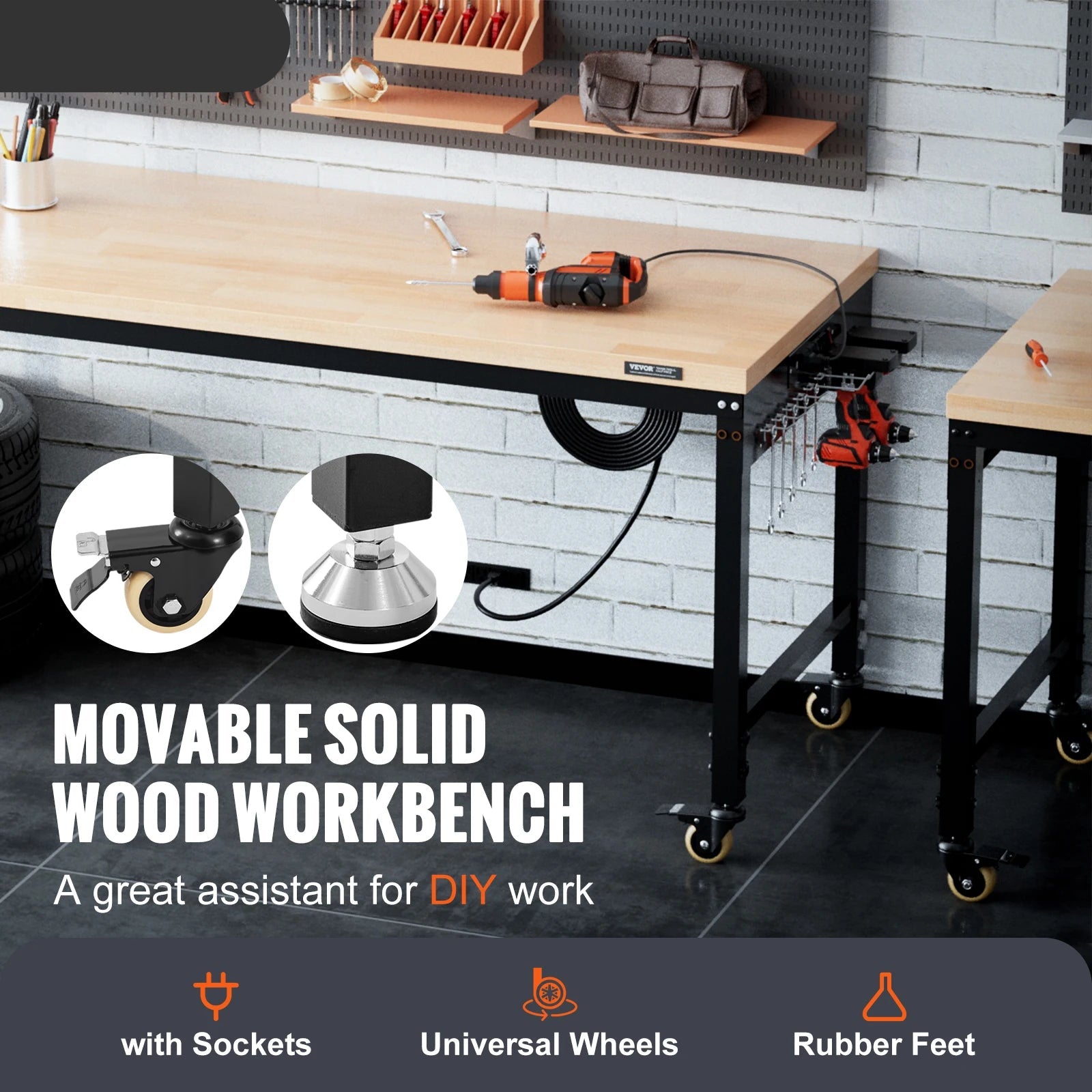 Werkbank – Werktafel – Werkbankje – Werkplek – Verstelbaar 71-100 Cm – Draagkracht 3000lbs – Massief Rubberhout - QUORE