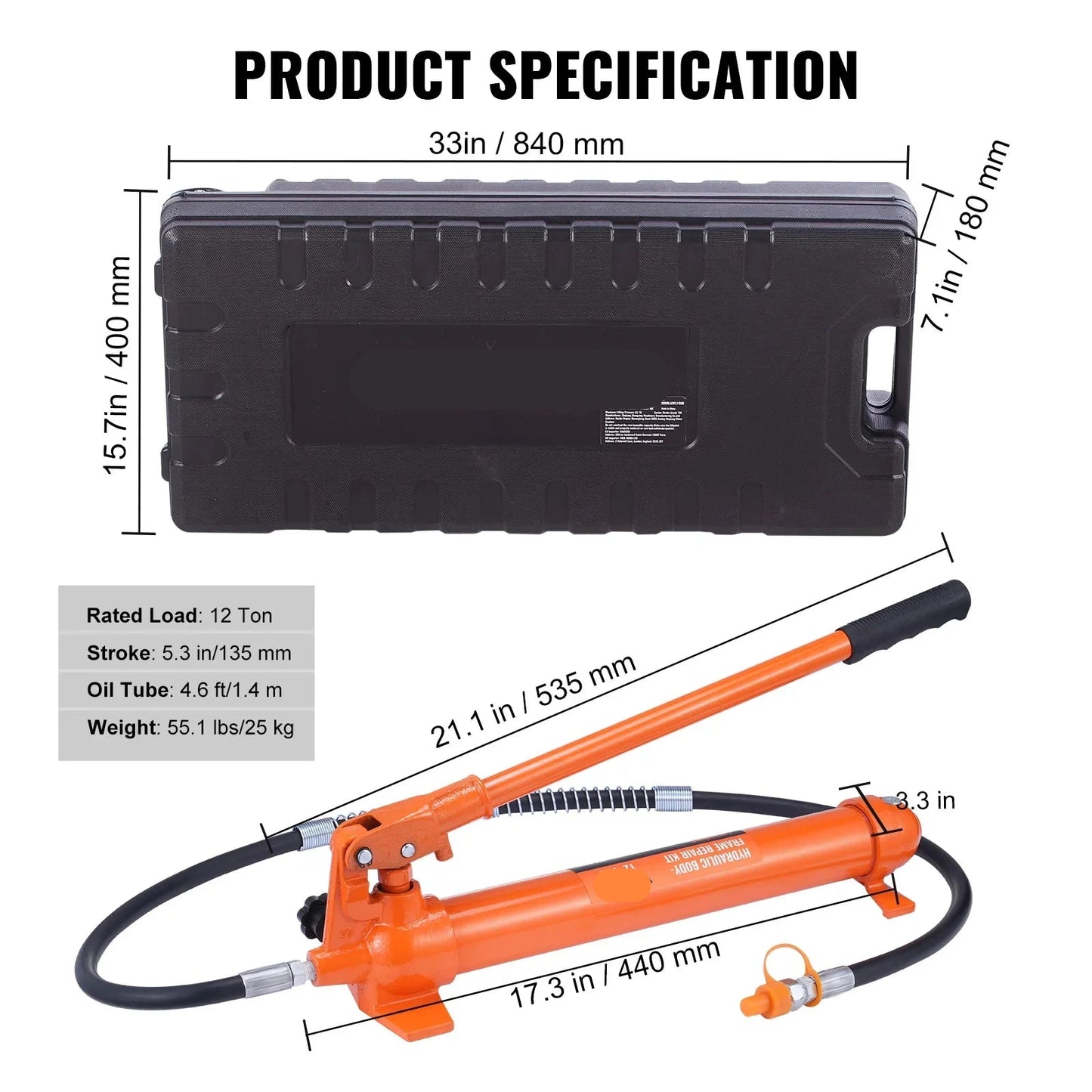 Hydraulische Cilinder Krik - Hydraulische Krik Luchtpomp - Porta Power - Autobody Frame - Reparatie Gereedschap - Verstelbare Lifting Jack - met Koffer - Heavy-Duty Kit - Auto Truck - Werkplaats Gereedschap - 12 Ton